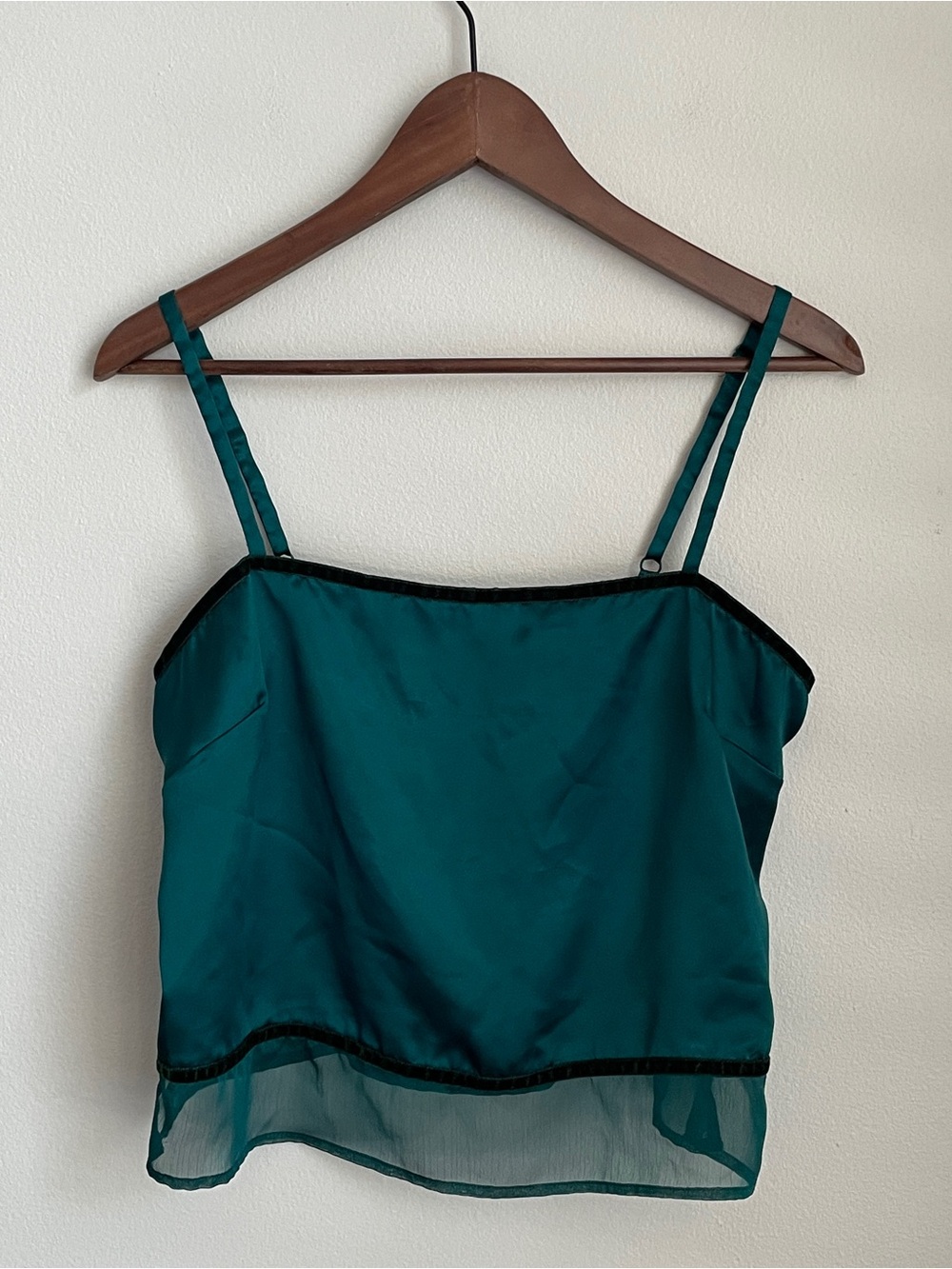 Victoria's Secret Teal Green Satin Crop Cami Black Velvet Trim Y2K Going Out